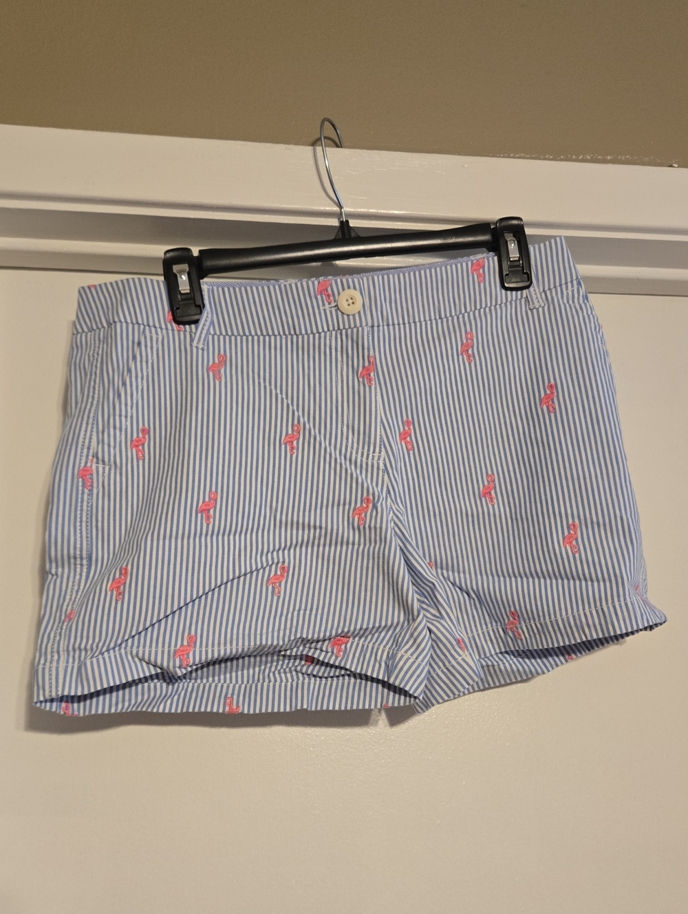 crown & ivy Blue and White Striped Shorts with Pink Flamingo Embroidery